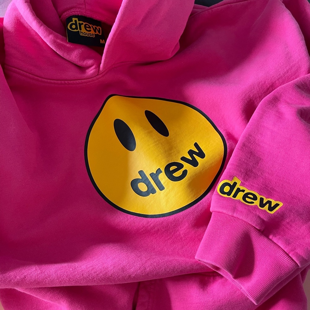Drew House Pink Hoodie with Yellow Logo